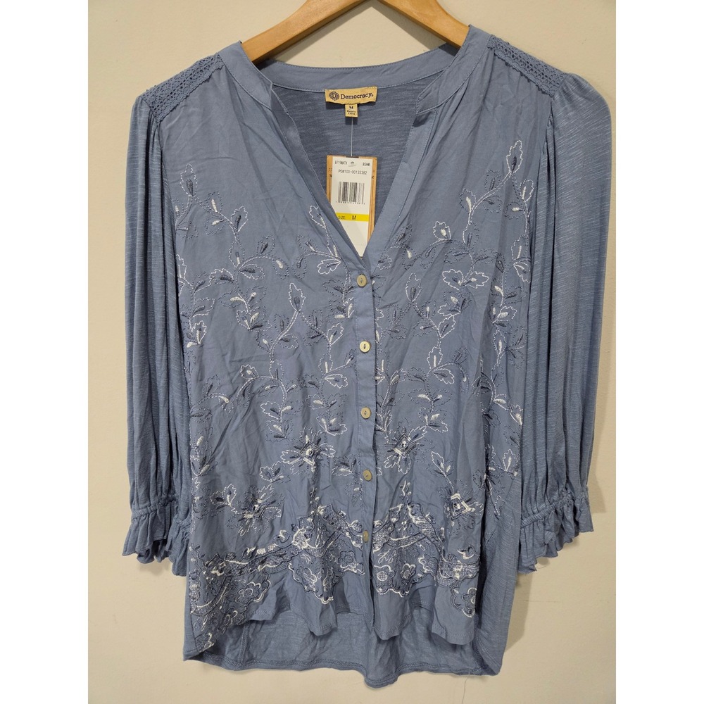 Democracy Womens Blue Embroidered Button Front Blouse B719MATX Size M NWT